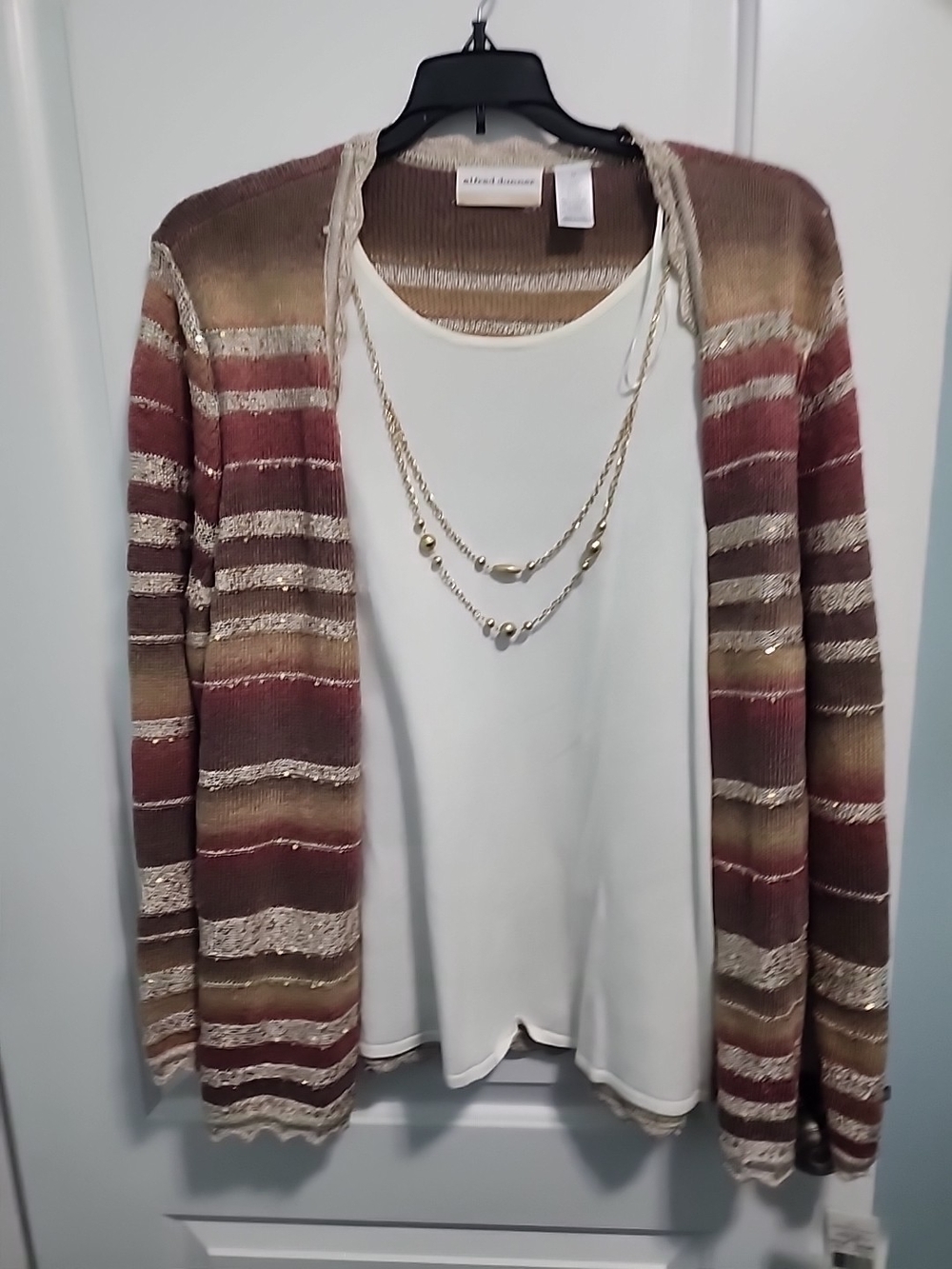 Alfred Dunner Striped Open-Front Cardigan in Brown, Cream & Burgundy